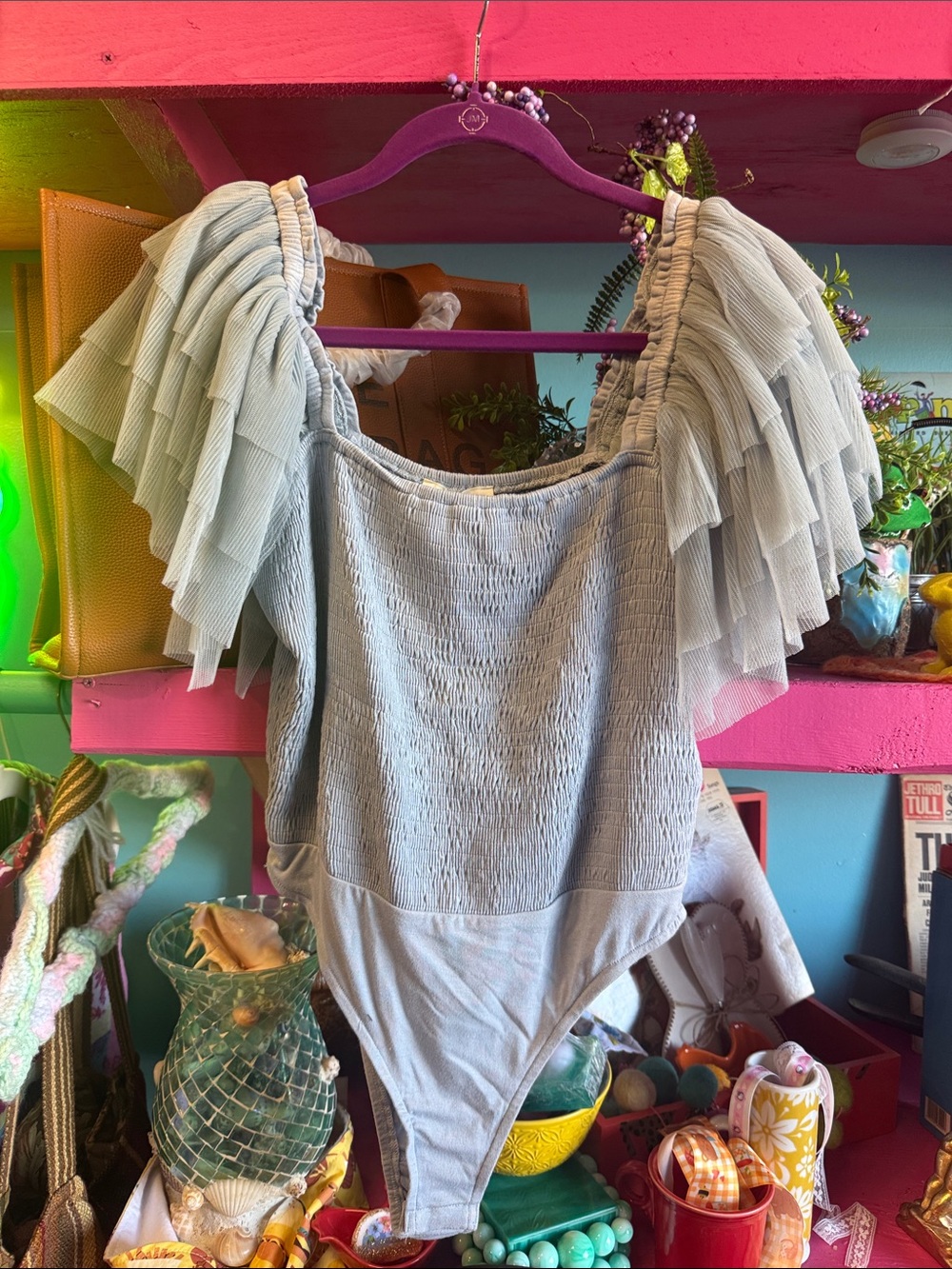 Listicle Light Blue Smocked Ruffle-Sleeve Bodysuit